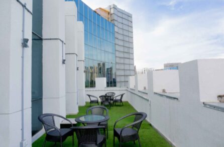 Commercial buildings with artificial grass